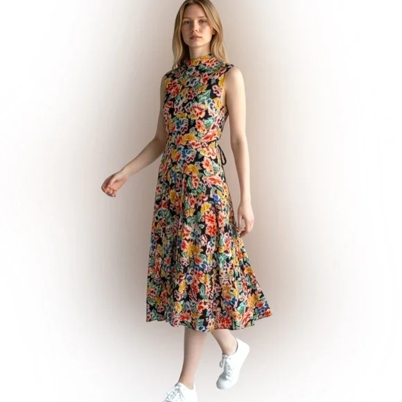 Zara fit and flare dress w high collar and back tie. Raw hem. Gorgeous colors. - Picture 1 of 9